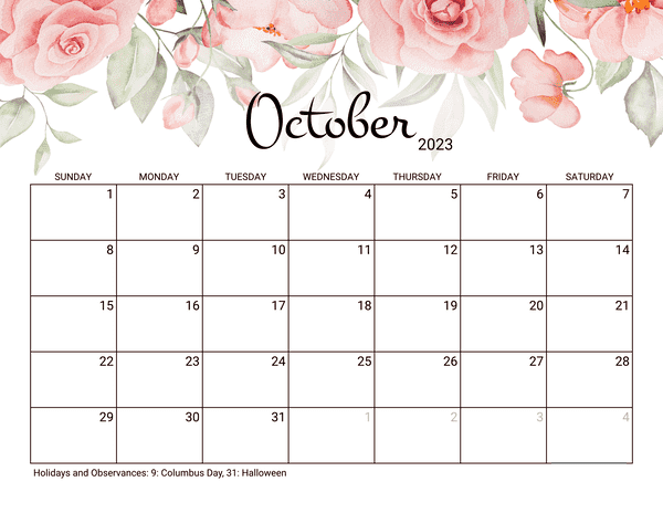 October Monthly Calendar - Roses

