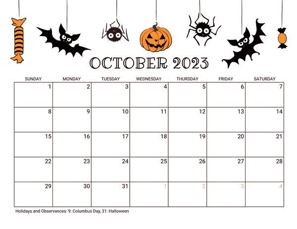 Printable October Calendar - Halloween