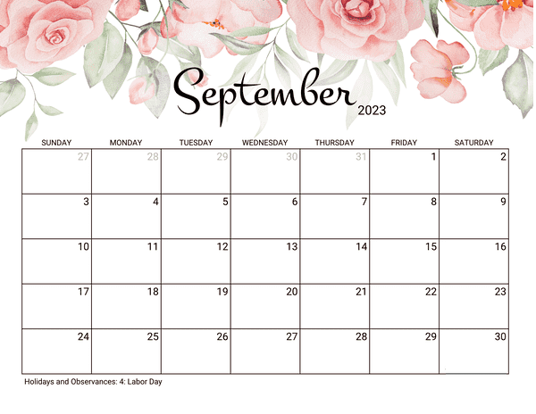 September Monthly Calendar - Roses

