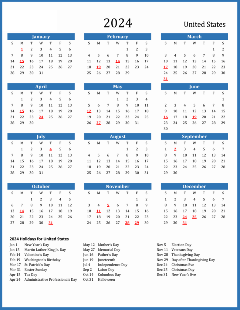 United States  Calendars 2024