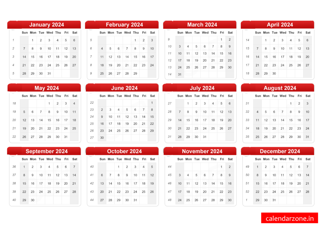  2024 calendar without holidays